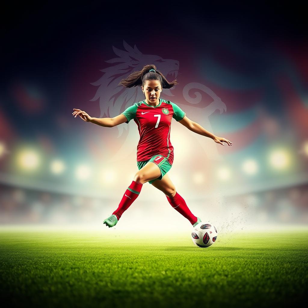 A dynamic and visually striking wallpaper featuring a women's Morocco soccer player in action, wearing a vibrant red and green uniform with the number 7 prominently displayed