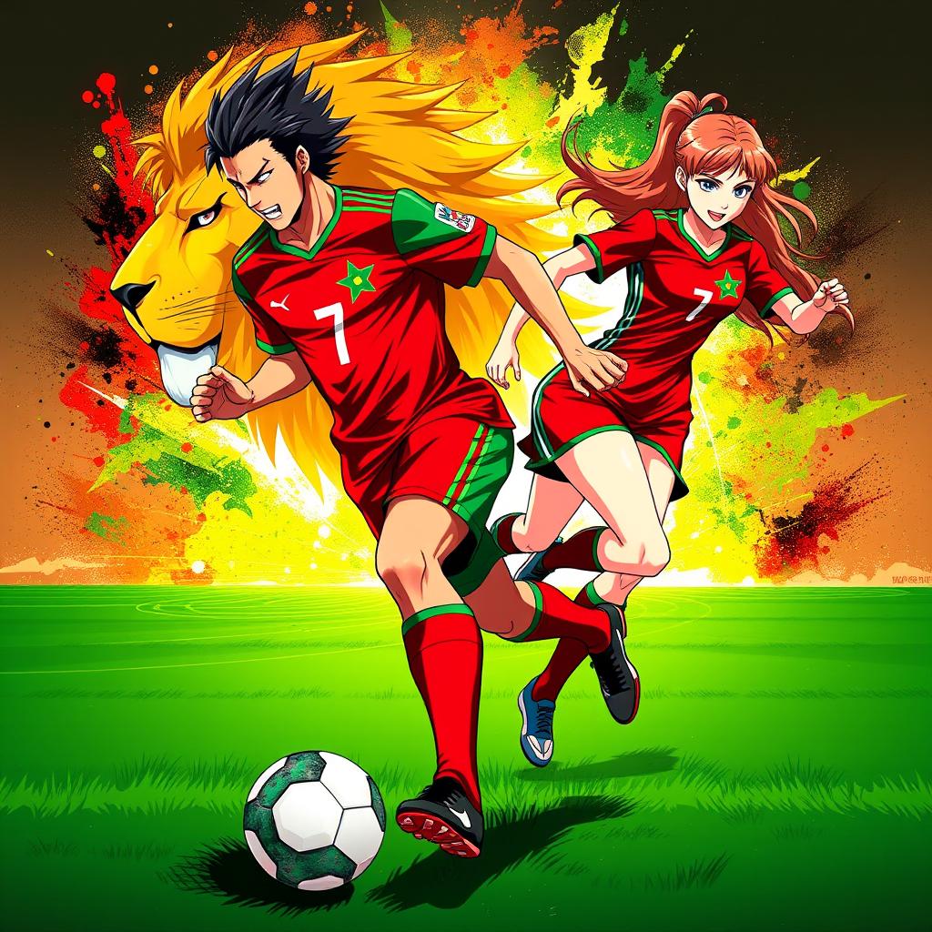 A striking anime-style wallpaper featuring a male and female soccer player representing Morocco, both in action poses