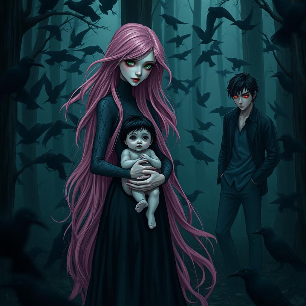 In a dark forest filled with crows, a tall and slender witch stands with long, flowing pink hair and striking green eyes