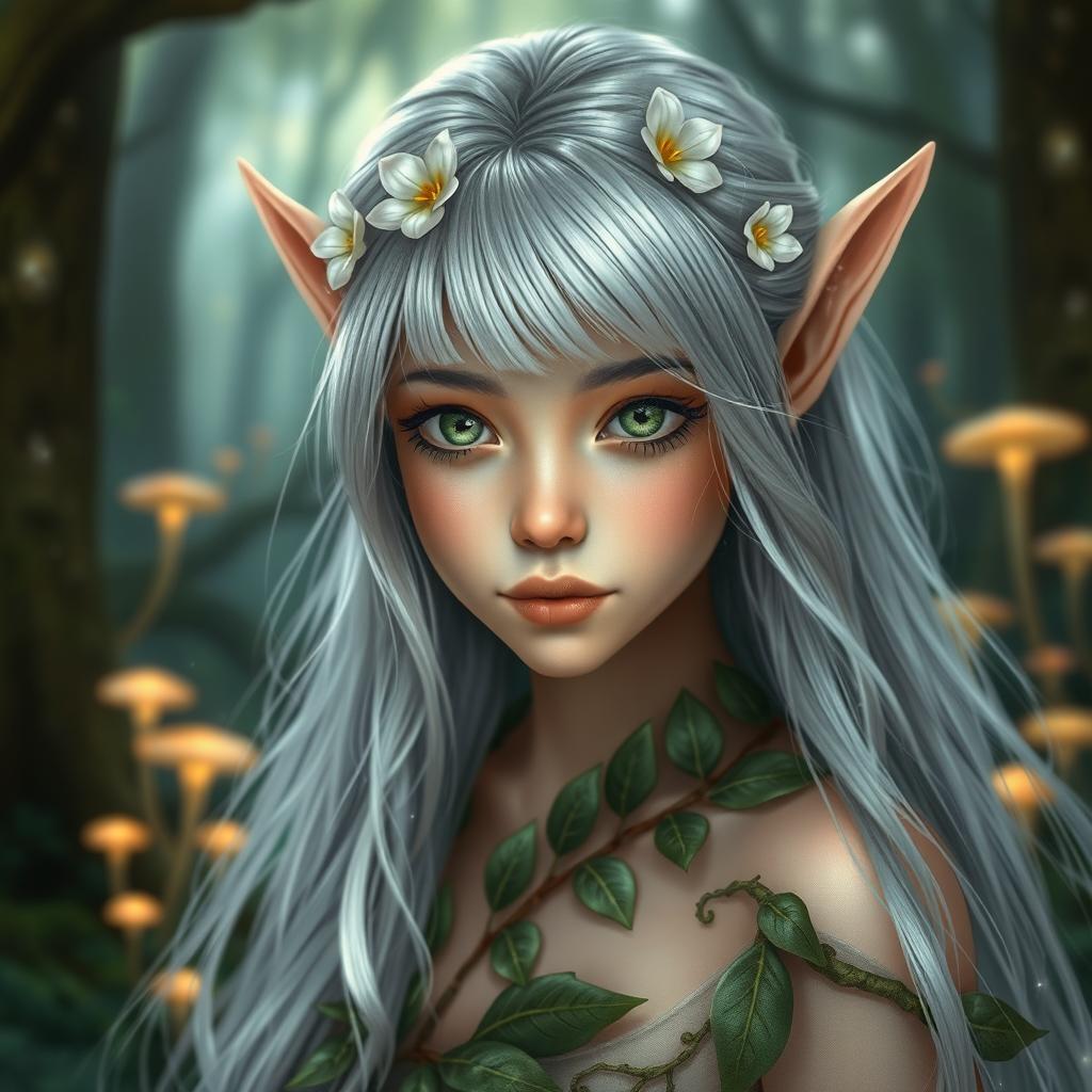 A stunning close-up portrait of a mystical forest elf, characterized by long, flowing silver hair adorned with delicate flowers