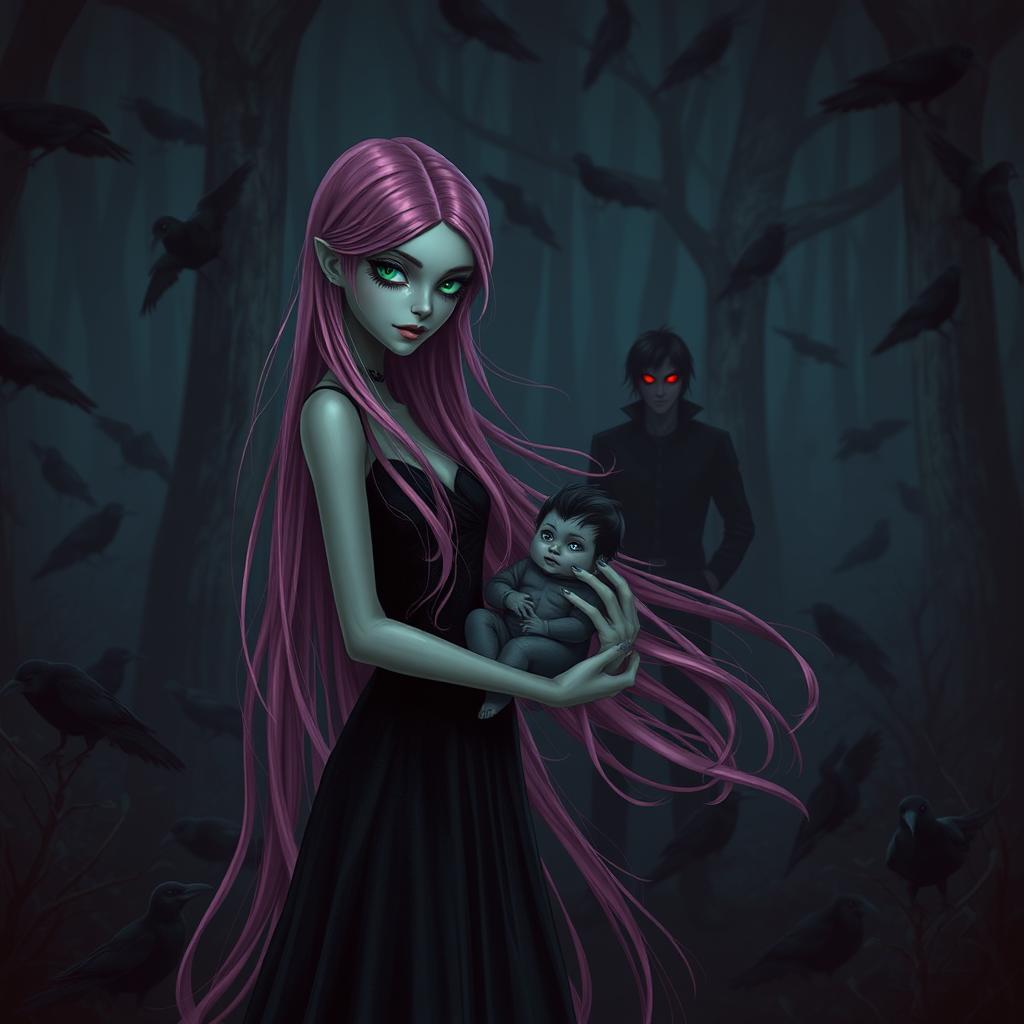 In a dark forest filled with crows, a slender witch stands tall, her long pink hair flowing gracefully, and her captivating green eyes shining with mystique