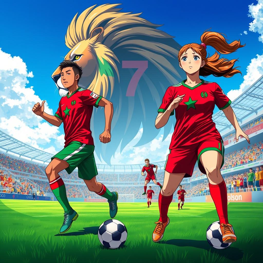 An anime-style wallpaper featuring both male and female Moroccan soccer players in action, showcasing their skills on the field