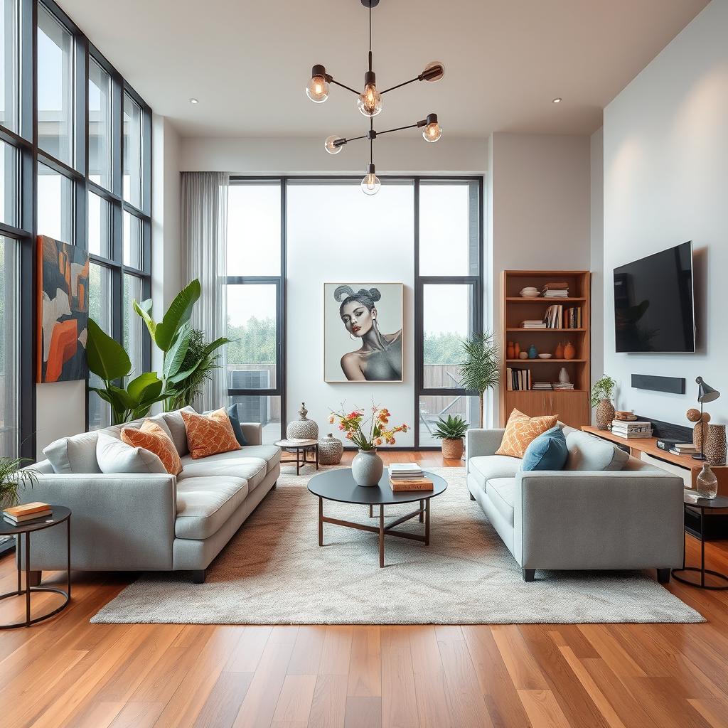 A cozy and stylish interior of a modern living room, featuring a large plush sofa in a soft gray color, multicolored throw pillows, a coffee table with a decorative vase, large floor-to-ceiling windows letting in natural light, and a stylish area rug on hardwood floors