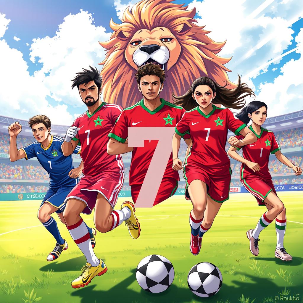 An anime-inspired wallpaper featuring both male and female Moroccan soccer players showcasing their athleticism and team spirit, with a majestic lion symbolizing strength and courage in the background