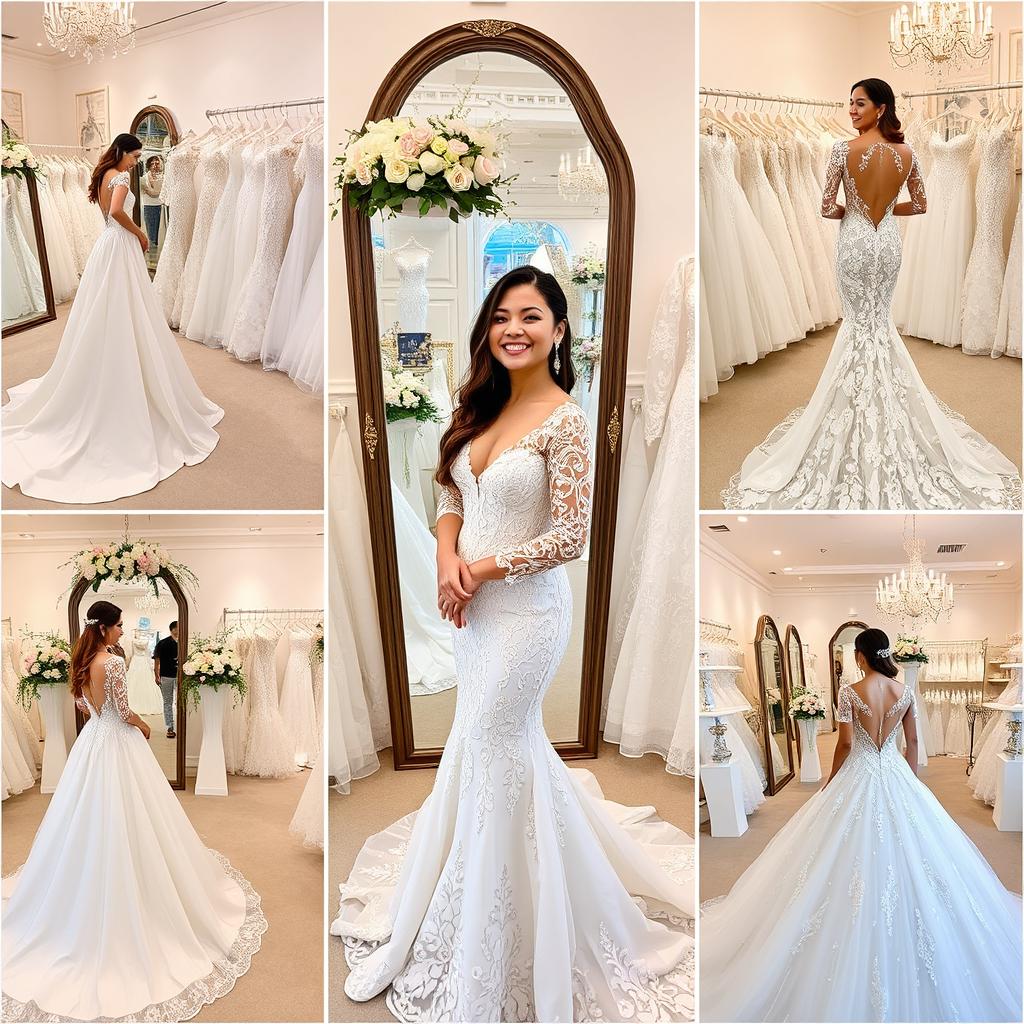 A photo montage featuring a person trying on various bridal gowns in elegant bridal shops