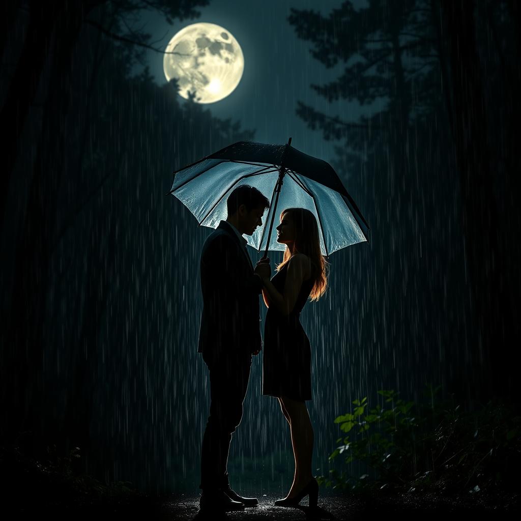 A couple standing under a torrential rain, gazing intensely into each other's eyes while holding a large umbrella