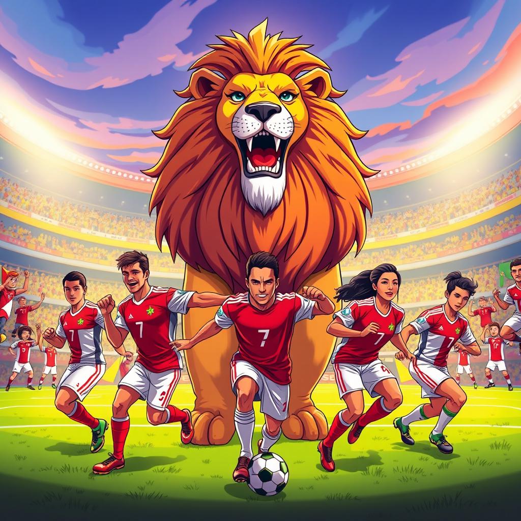 A vibrant, anime-style wallpaper featuring Moroccan soccer players, both men and women, showcasing their skills on the field
