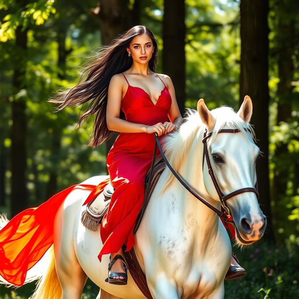 A stunning young woman dressed in a vibrant red dress, her flowing long black hair cascading down her shoulders, confidently riding on a majestic white horse through a lush, green forest