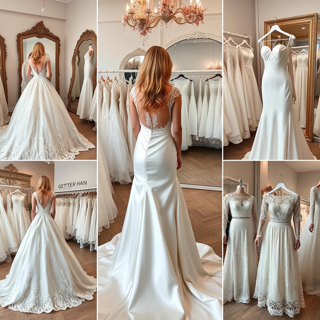 A photo montage showcasing a person trying on various wedding dresses in bridal salons