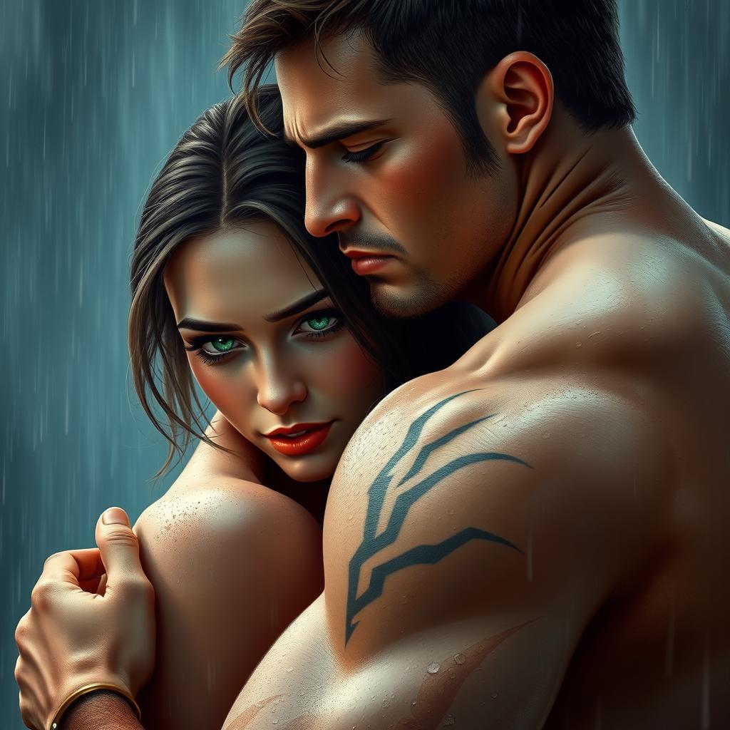 A romantic scene featuring a couple embracing under the rain, showcasing deep emotional connection