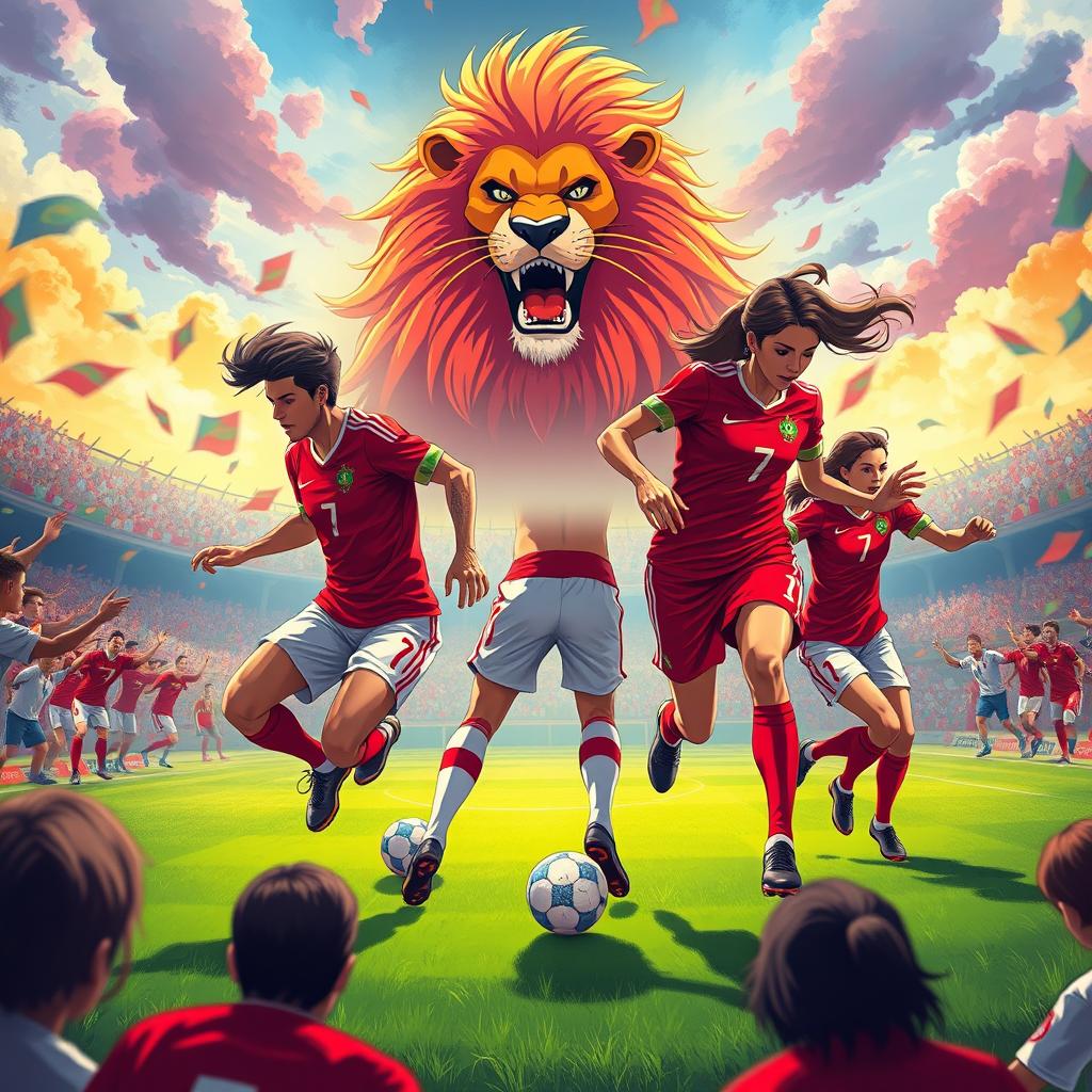 A vibrant and dynamic wallpaper showcasing Morocco soccer players, both men and women, skillfully interacting on the field