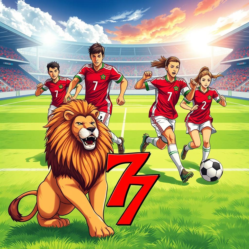 A vibrant and dynamic wall mural featuring both male and female Moroccan soccer players in action, skillfully dribbling a soccer ball on a grassy field with a lively stadium in the background