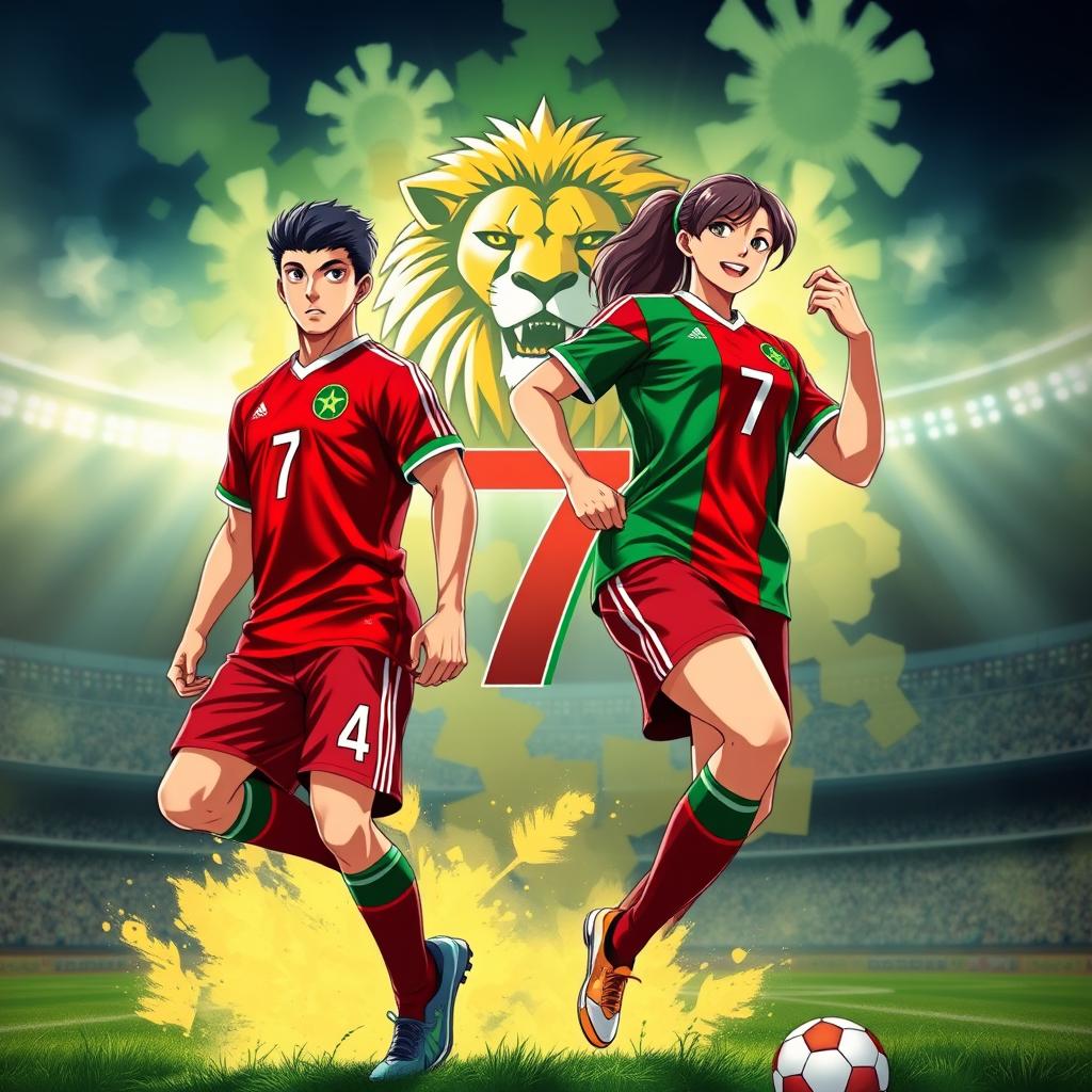An epic and vibrant wallpaper showcasing two Moroccan soccer players, a man and a woman, in dynamic poses, donning their national team's red and green jerseys