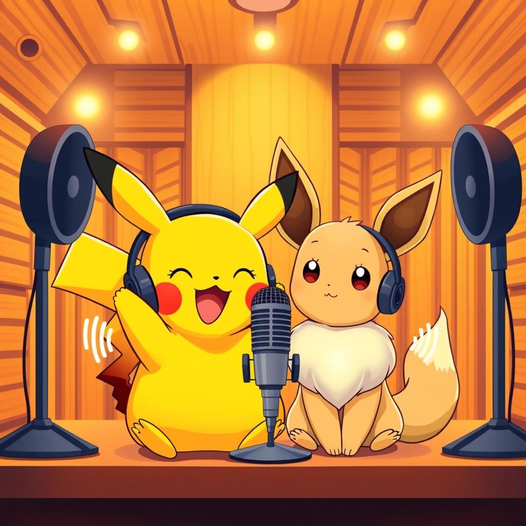A vibrant and heartwarming cover illustration featuring a cheerful Pikachu and an adorable Eevee, both wearing headphones and sitting in front of a microphone
