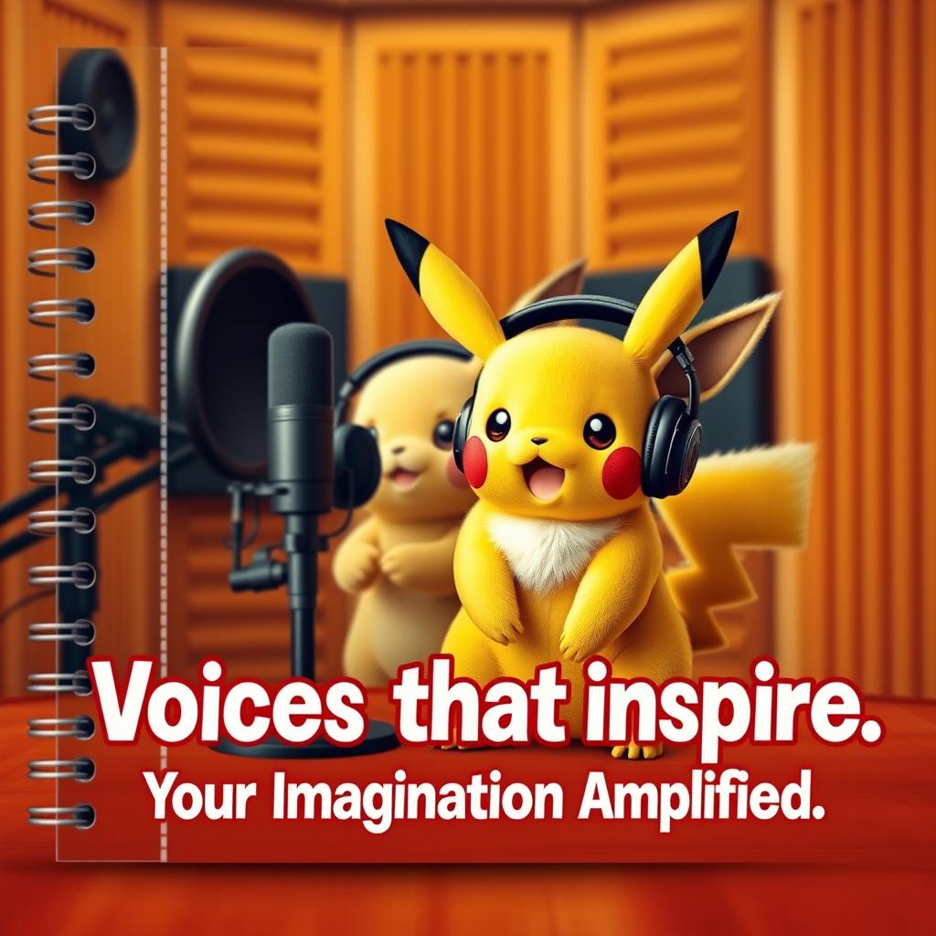 A realistic and visually appealing cover design for a voice actor and announcer, featuring a Pikachu and an Eevee, both wearing stylish headphones and positioned near a microphone