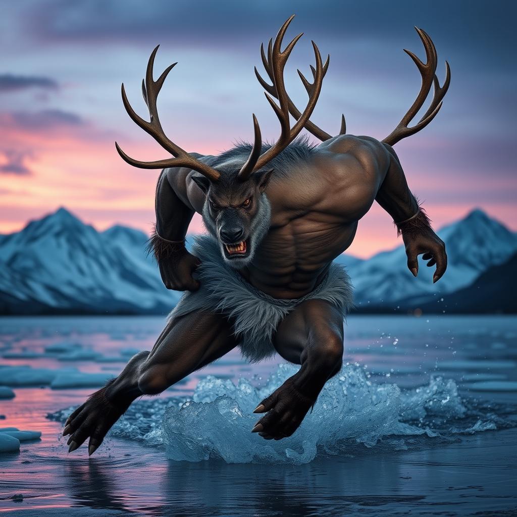 A very strong, muscular werereindeer-man, showcasing a human body with fur around its waist