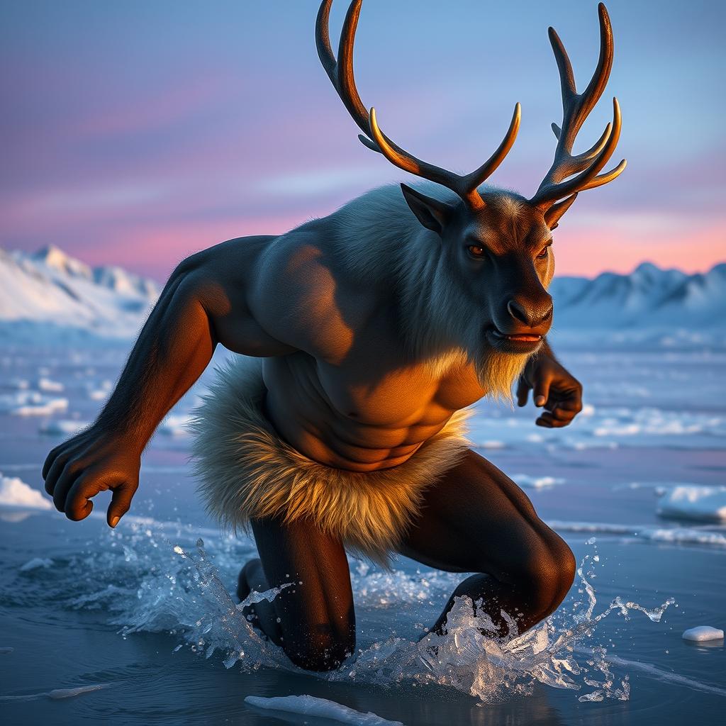A very strong, muscular werereindeer-man with a majestic appearance, featuring a human body and fur around its waist