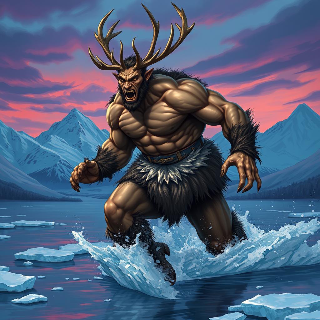A very strong, muscular werereindeer-man, possessing a human body adorned with fur around its waist
