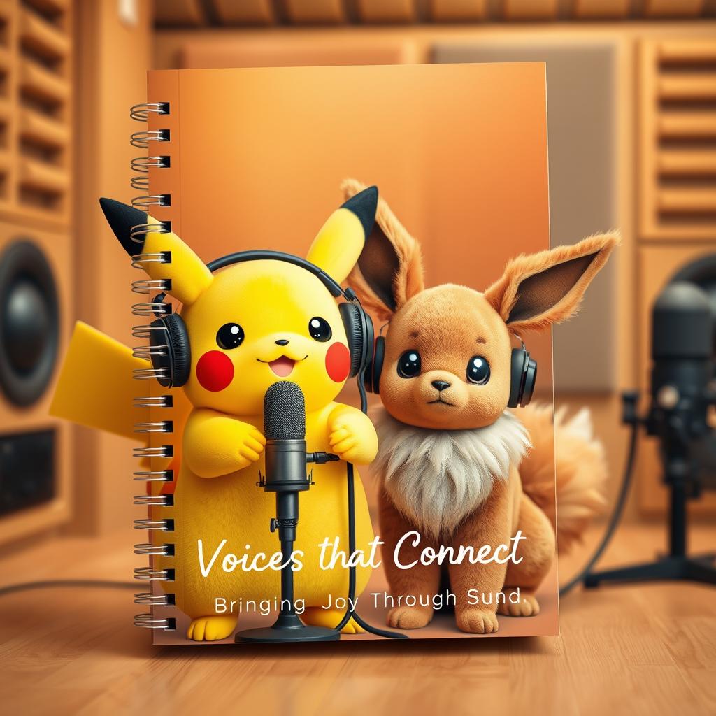 A realistic and inviting cover design for a voice actor and announcer, featuring Pikachu and Eevee wearing stylish headphones, positioned next to a microphone