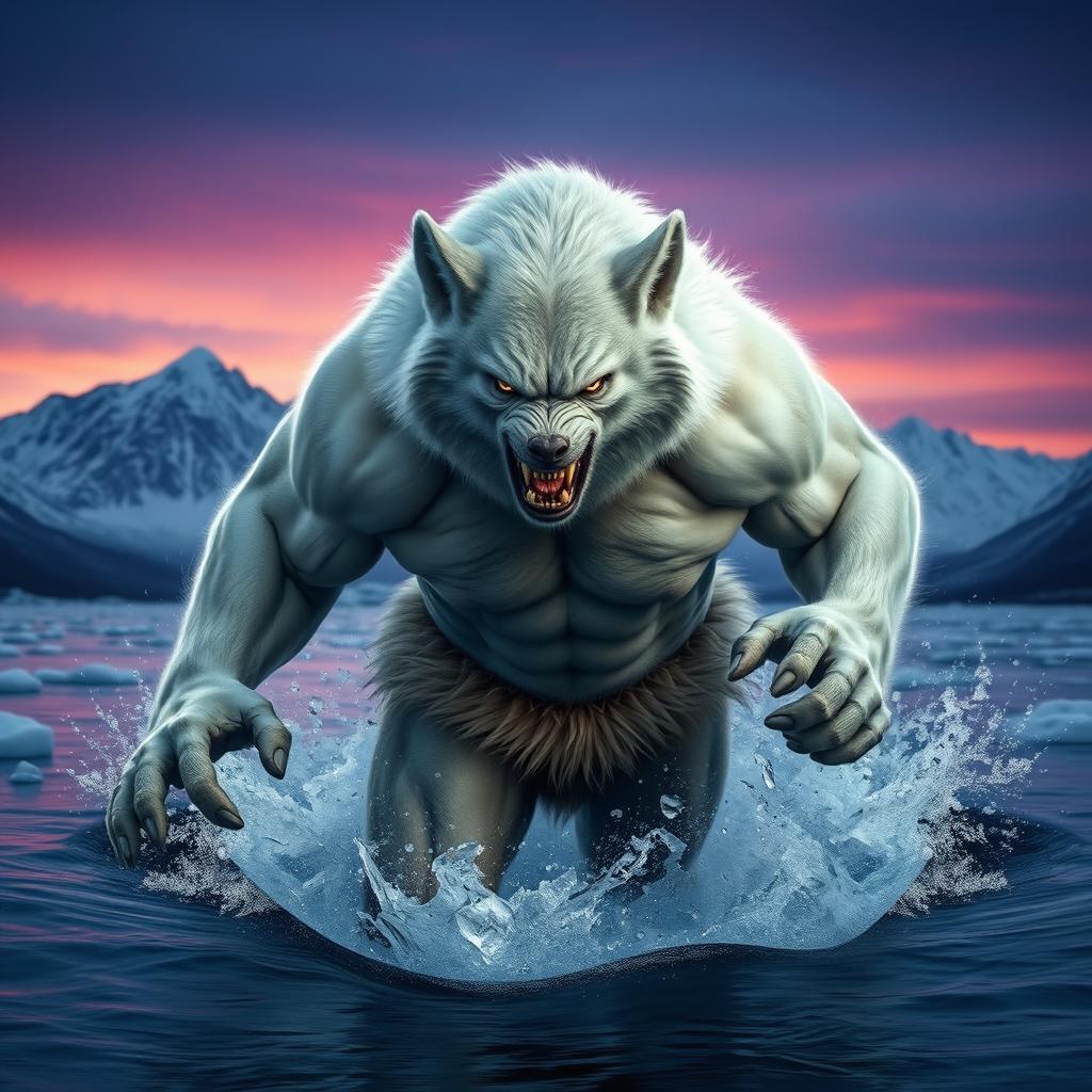 A very strong, muscular werewolf with white fur, featuring a human body and fur around its waist