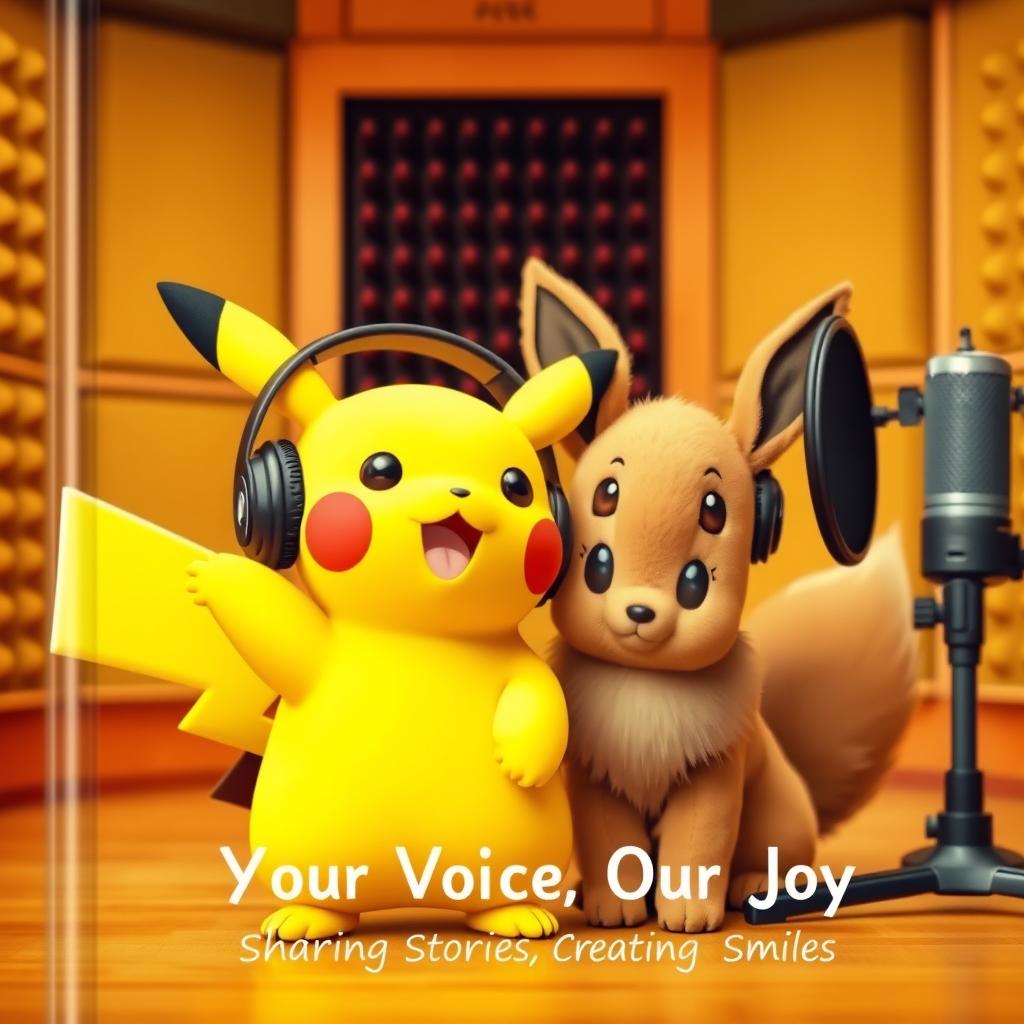 A highly realistic and inviting cover design for a voice actor and announcer, showcasing Pikachu and Eevee both wearing stylish headphones and positioned next to a microphone