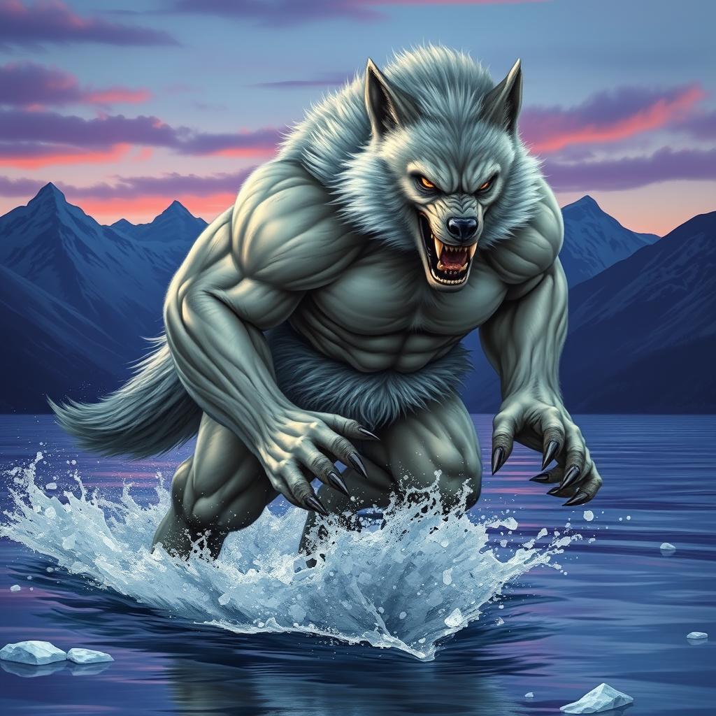 A very strong, muscular werewolf with white fur, exhibiting a human body with fur around its waist