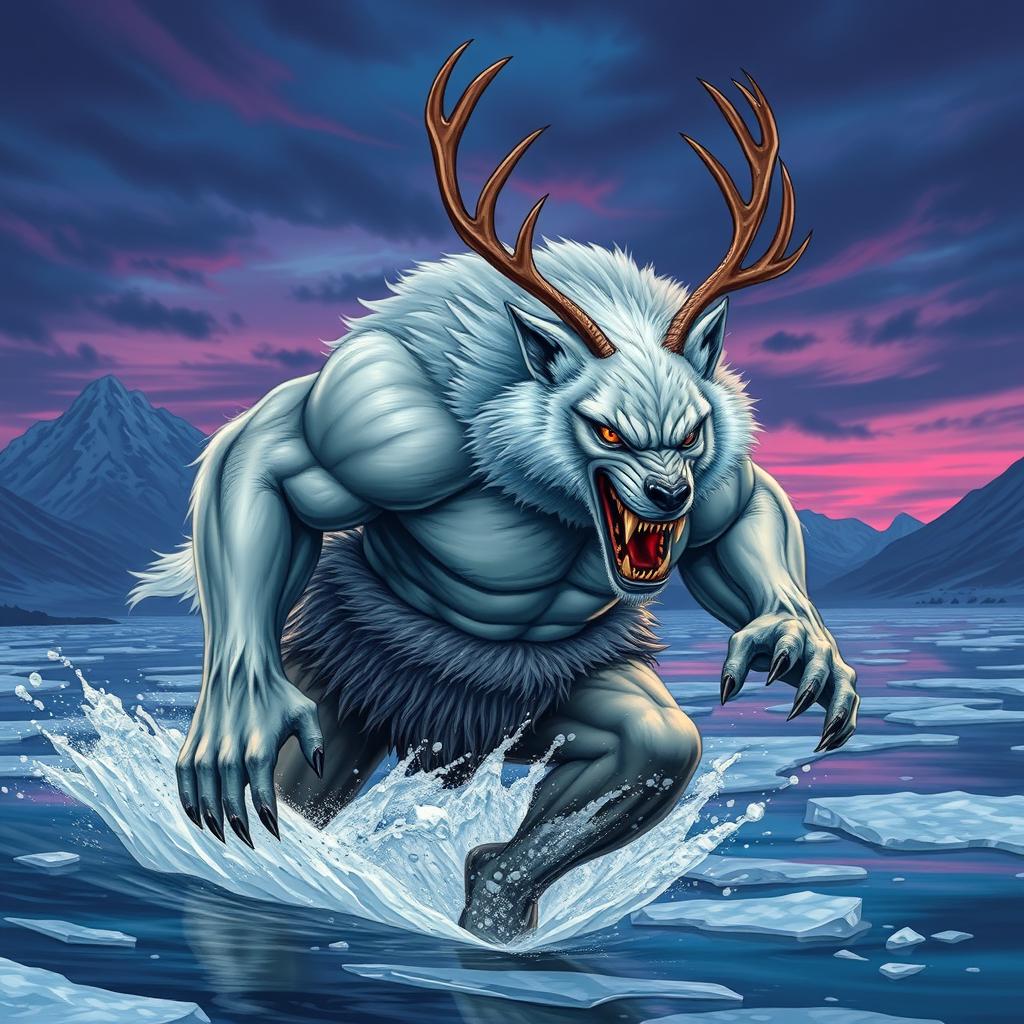 A very strong, muscular werewolf with white fur, featuring two prominent reindeer horns on its head