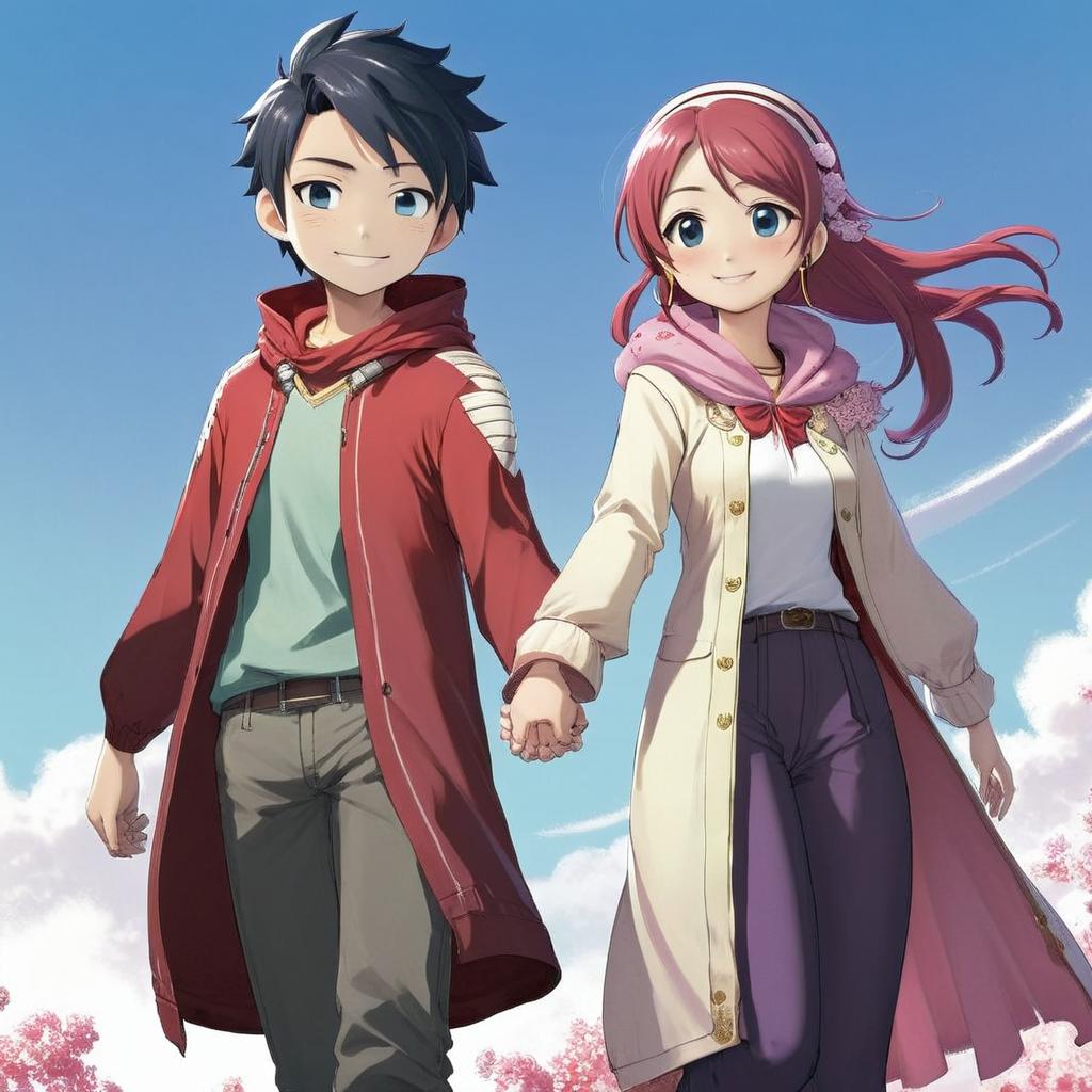 Make the characters in the images hold hands and be happy.