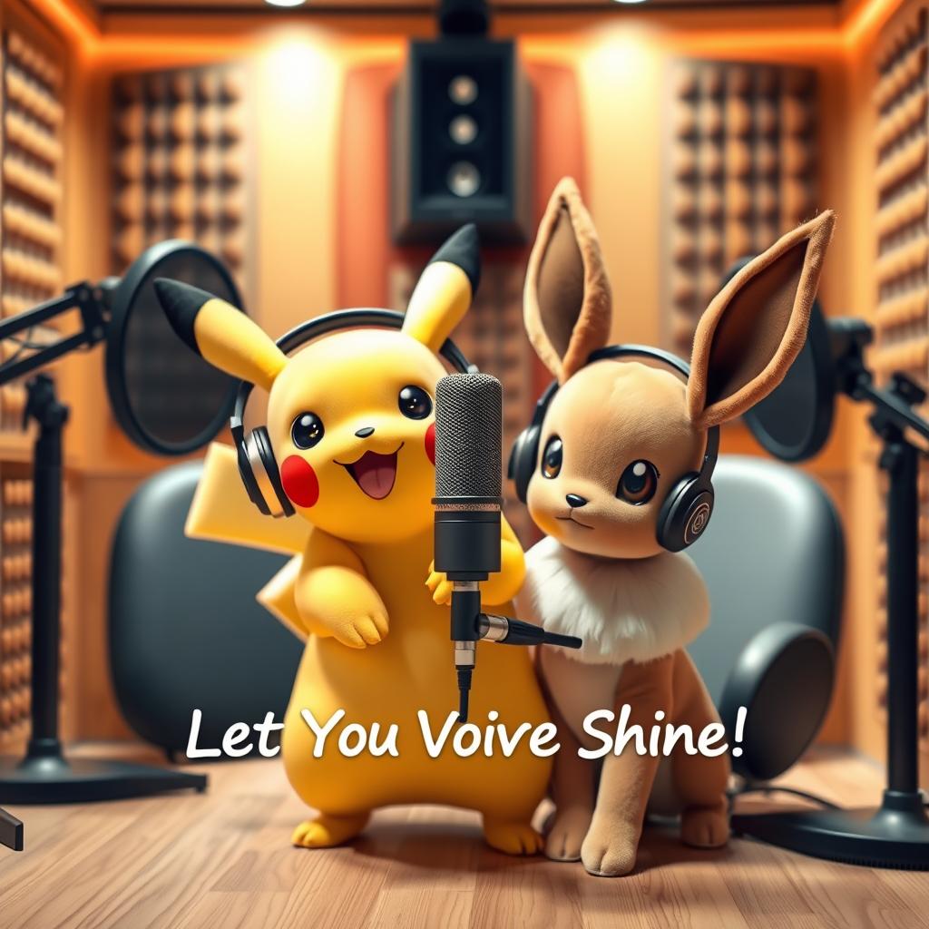 A highly realistic and inviting cover design for a voice actor and announcer, prominently featuring Pikachu and Eevee both wearing fashionable headphones and positioned near a microphone