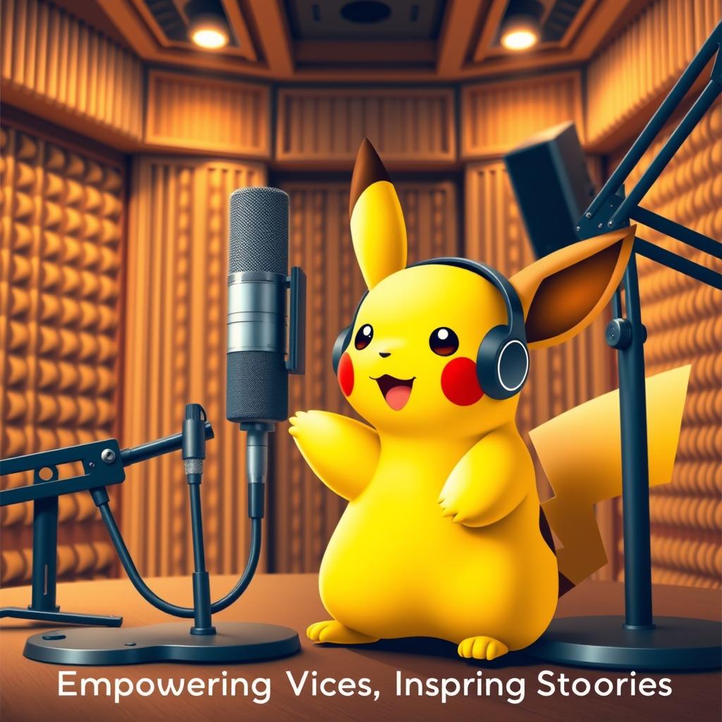 A professional and highly realistic cover design for a voice actor and announcer, featuring Pikachu and Eevee wearing sleek headphones and positioned beside a high-quality microphone