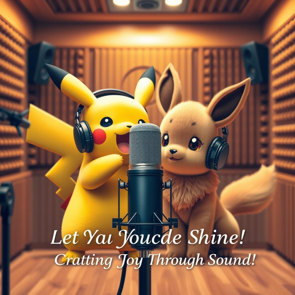 A professional and highly realistic cover design for a voice actor and announcer, prominently featuring Pikachu and Eevee both wearing sleek headphones and positioned near a high-quality microphone