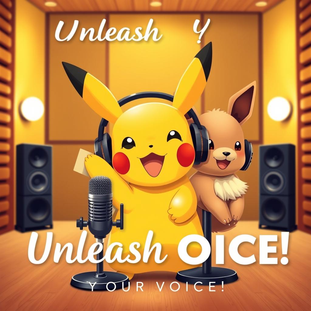 A professional and visually appealing cover design featuring Pikachu and Eevee, both wearing stylish headphones and positioned next to a microphone