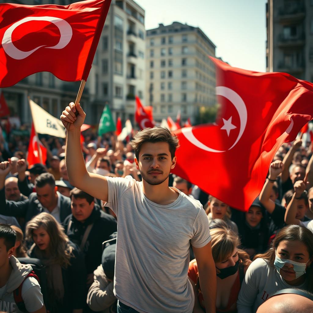 A young man standing confidently amidst a sea of protesters, gripping a large Turkish flag, which flutters vibrantly in the wind