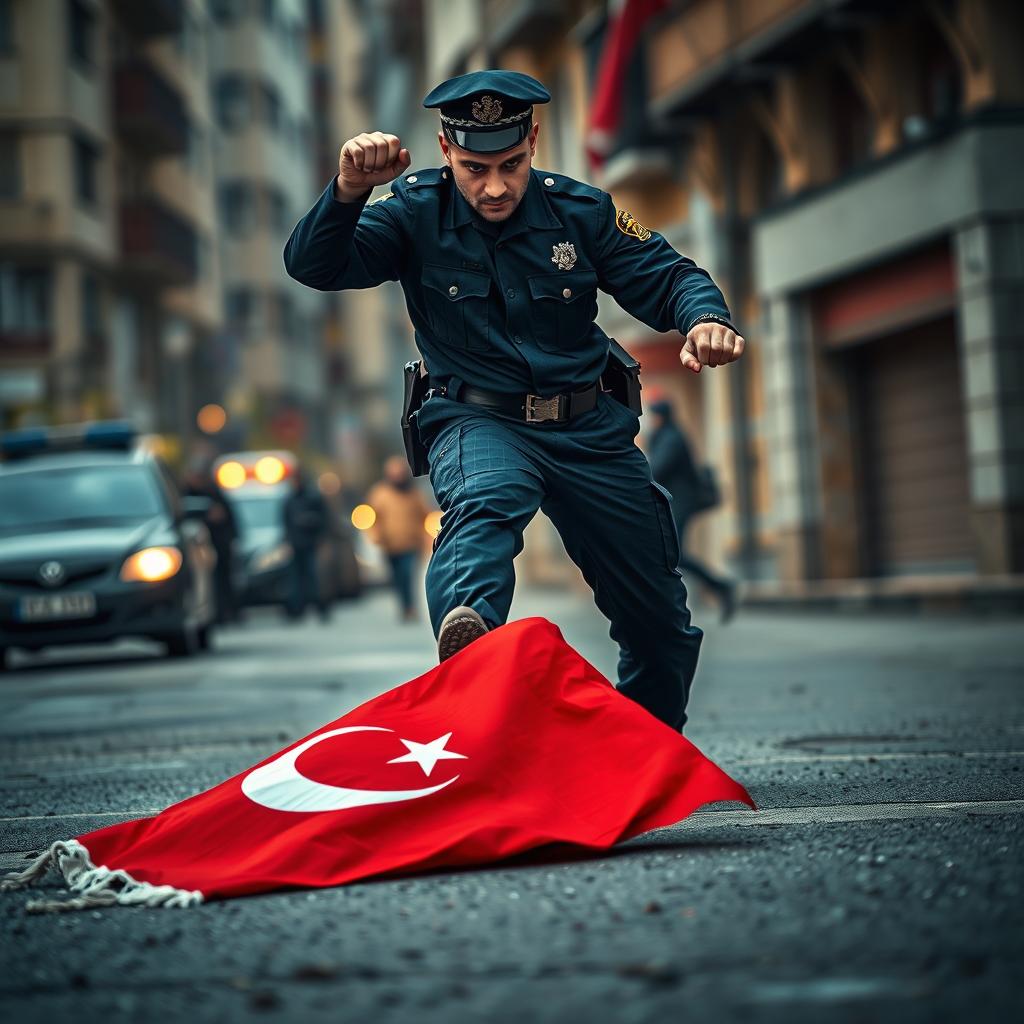 A dramatic scene displaying a police officer in a dark blue uniform, mid-action as he forcefully kicks a Turkish flag lying on the ground