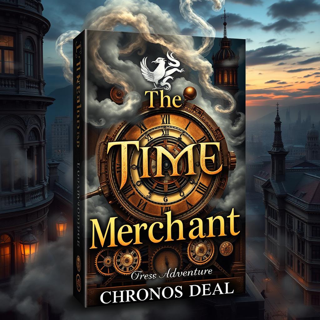 A captivating book cover design for 'The Time Merchant' by Chronos Deal, featuring a steampunk adventure theme