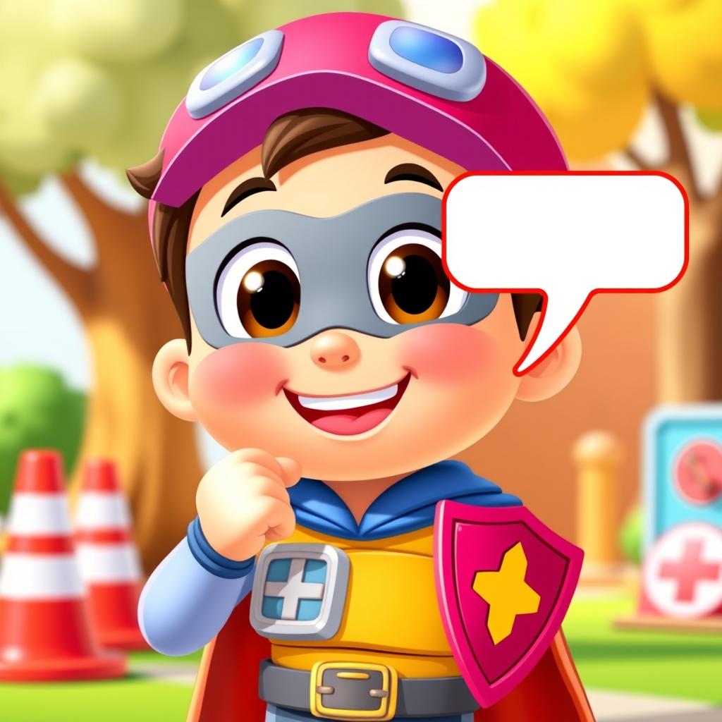 A cute cartoon-style character, known as the 'Safety Little Guardian', pointing at a white speech bubble