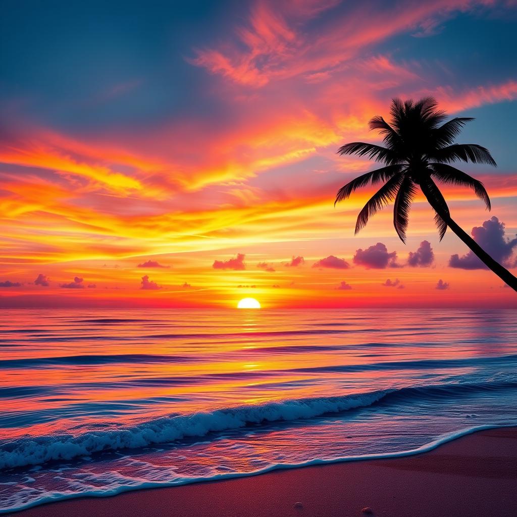 Create an image of a beautiful sunset over a serene ocean landscape, rich in vibrant colors like orange, pink, and purple, reflecting on calm waters