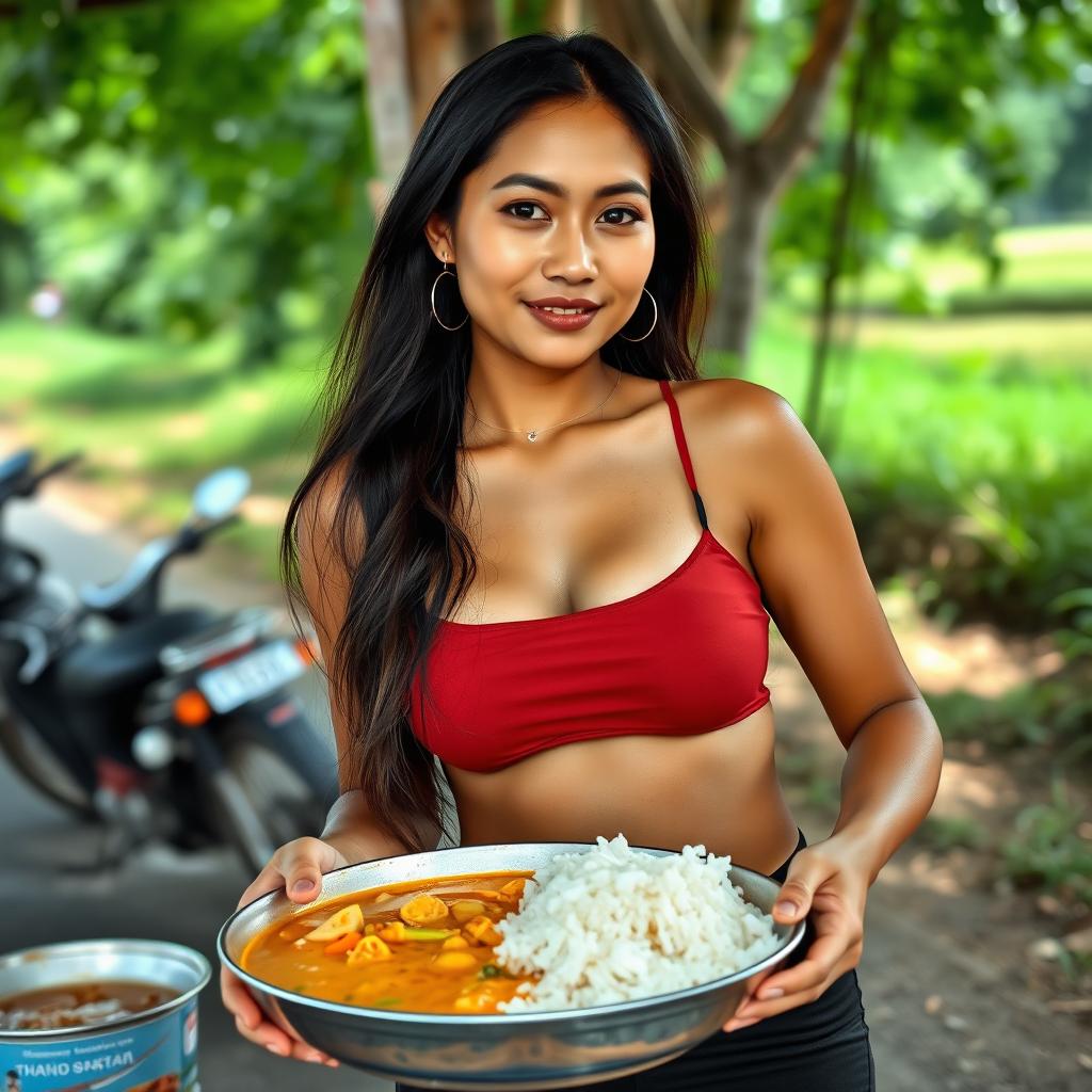 A beautiful Thai woman with long hair and a voluptuous figure, selling street food at a roadside eatery in a rural setting