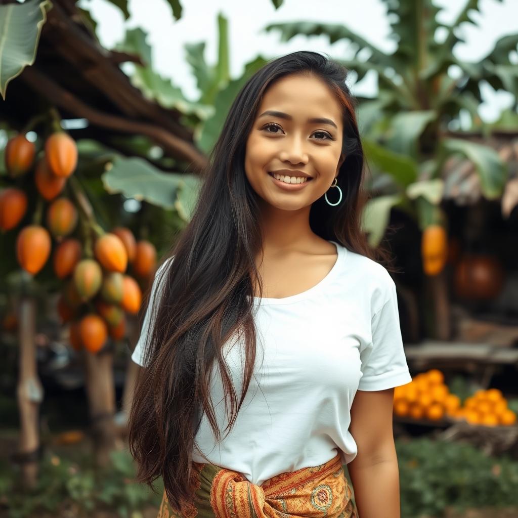 A beautiful young village woman with long hair and a curvy body, wearing a white t-shirt and a traditional sarong, showcasing her ample bosom