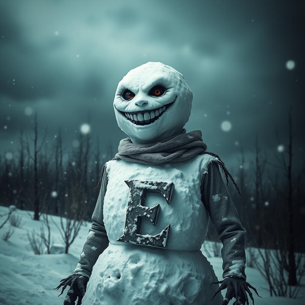 A terrifying snowman standing ominously in a snowy landscape