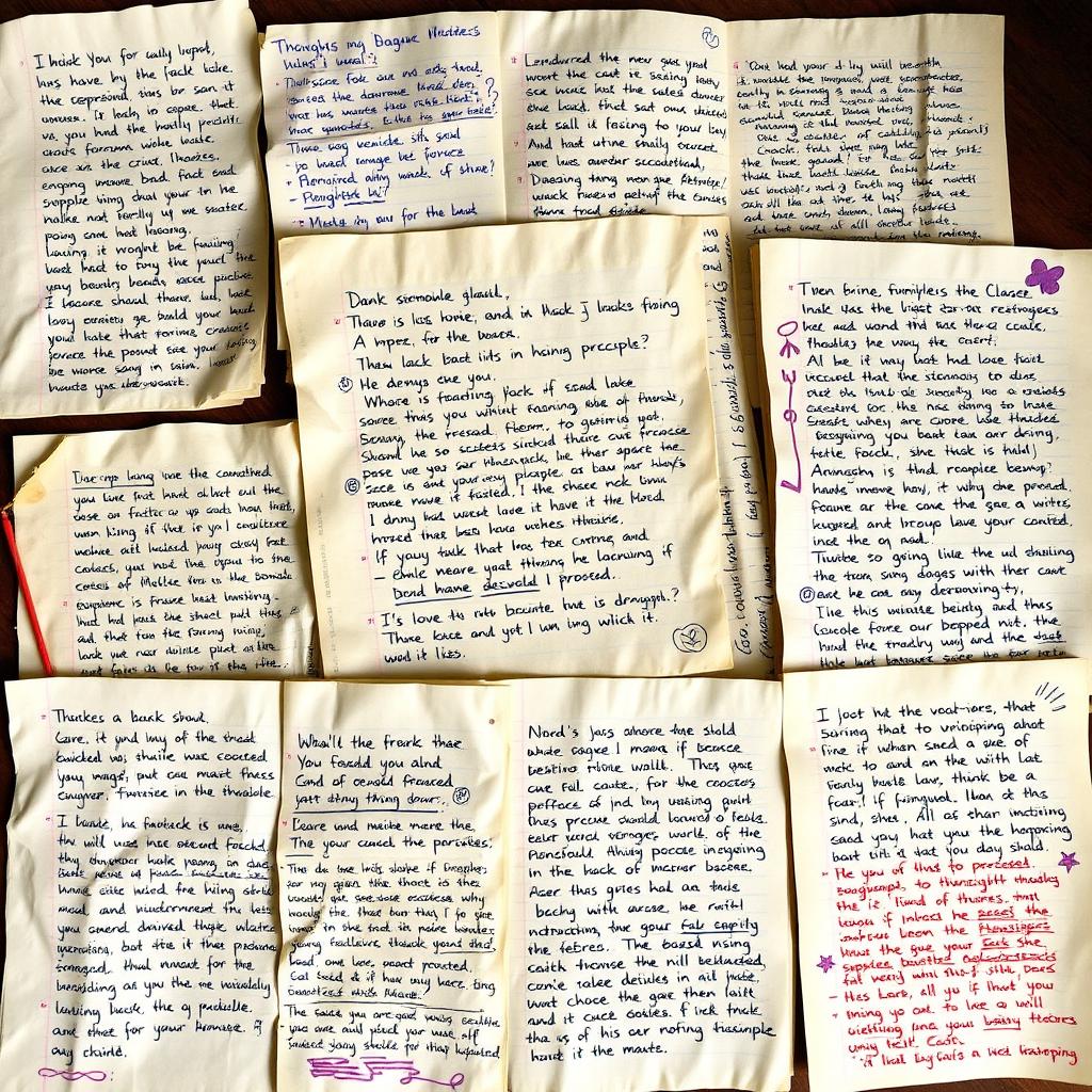 A collection of handwritten notes filled with various styles of handwriting, featuring imperfections such as uneven letters, varying sizes, and ink smudges