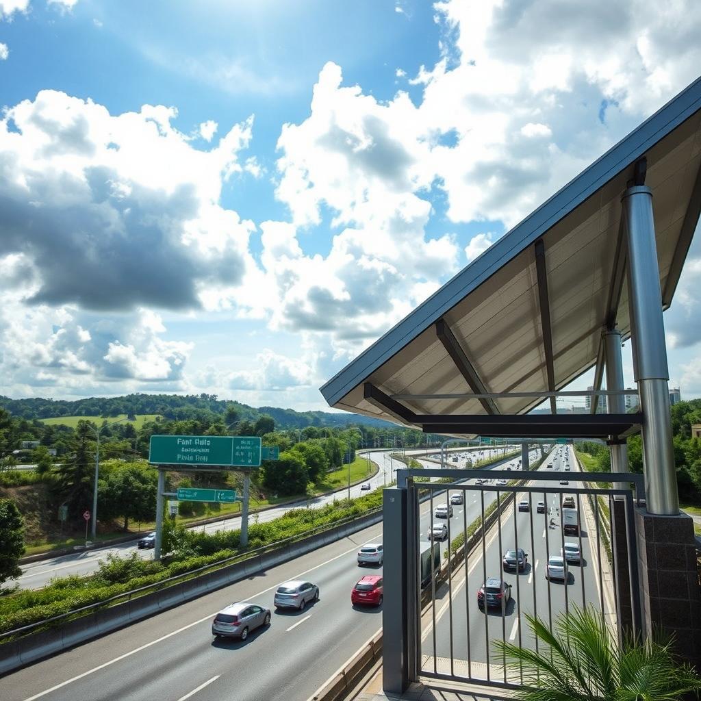 A detailed scene showcasing a modern gate roof structure located beside a busy highway