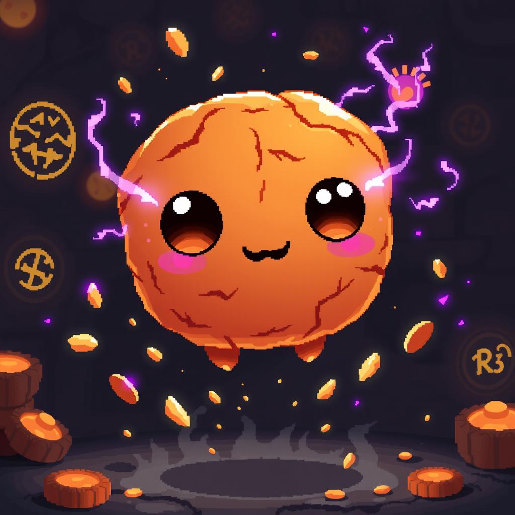 A pixel art sprite of 'Miga,' a small, floating, bread-like creature infused with dark magic