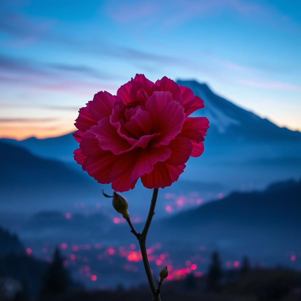 A breathtaking landscape featuring a majestic mountain rising in the distance, silhouetted against a beautiful sky during the blue hour