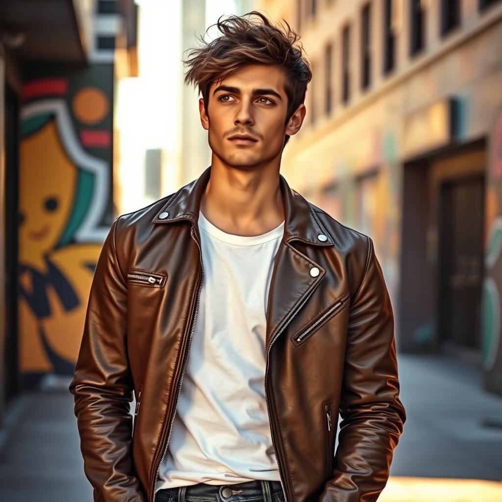A charismatic young man named Joshua Knight, with tousled dark hair and striking green eyes, stands confidently in a modern urban setting