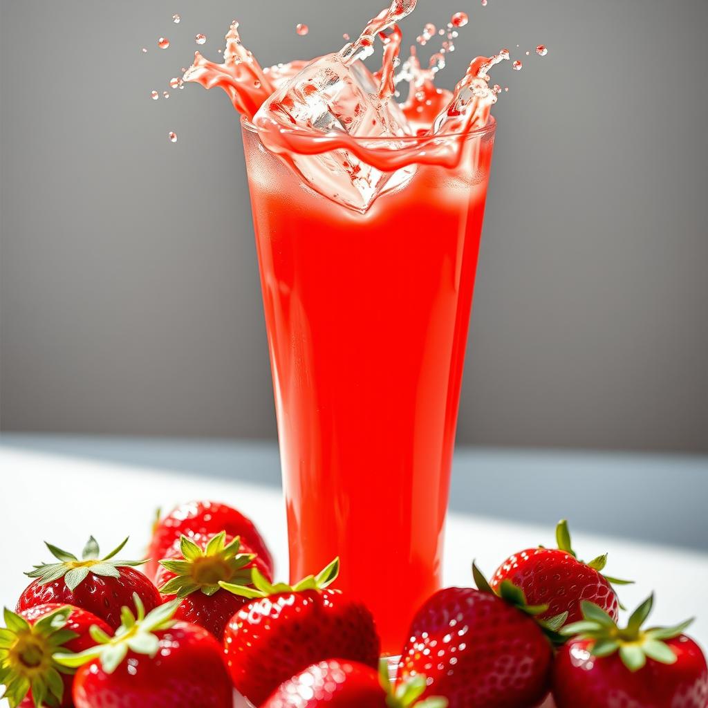 A vibrant glass of strawberry juice, capturing the moment an ice cube dramatically falls into it