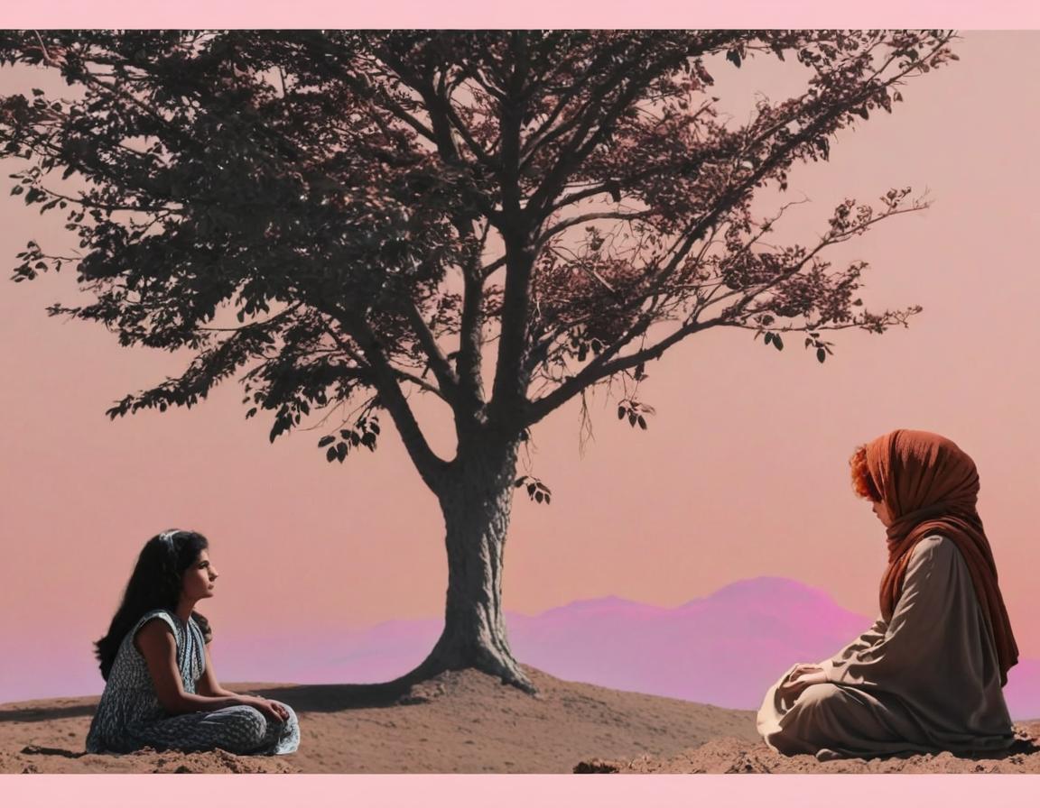 Quiero exactamente esta imagen, Inspirate en ella y conservá el niño sirio y la madre siria, con pañuelo en la cabeza y el árbol de la vida, hacé que parezca una foto real del desierto de medio oriente