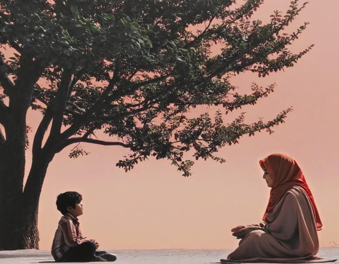 Inspirate en este imagen y perfeccionala, un niño y su madre, musulmanes, sirios, lleva pañuelo la mujer. En el medio tiene que estar el árbol de la vida