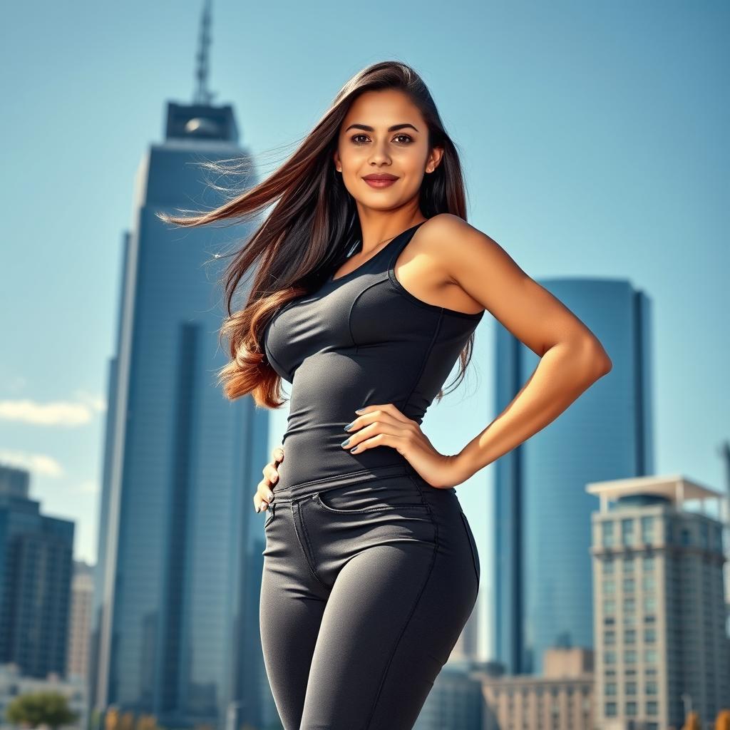 A confident young woman standing tall and proud, wearing a stylish, form-fitting outfit that accentuates her figure