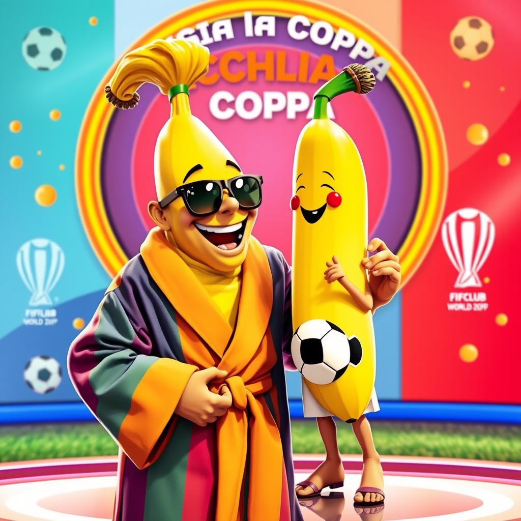 A cheerful character named Rischiolino, a fun hybrid of a man and a banana, serving as the host of a prize game show called 'Rischia la Coppa' related to the FIFA Club World Cup 2025